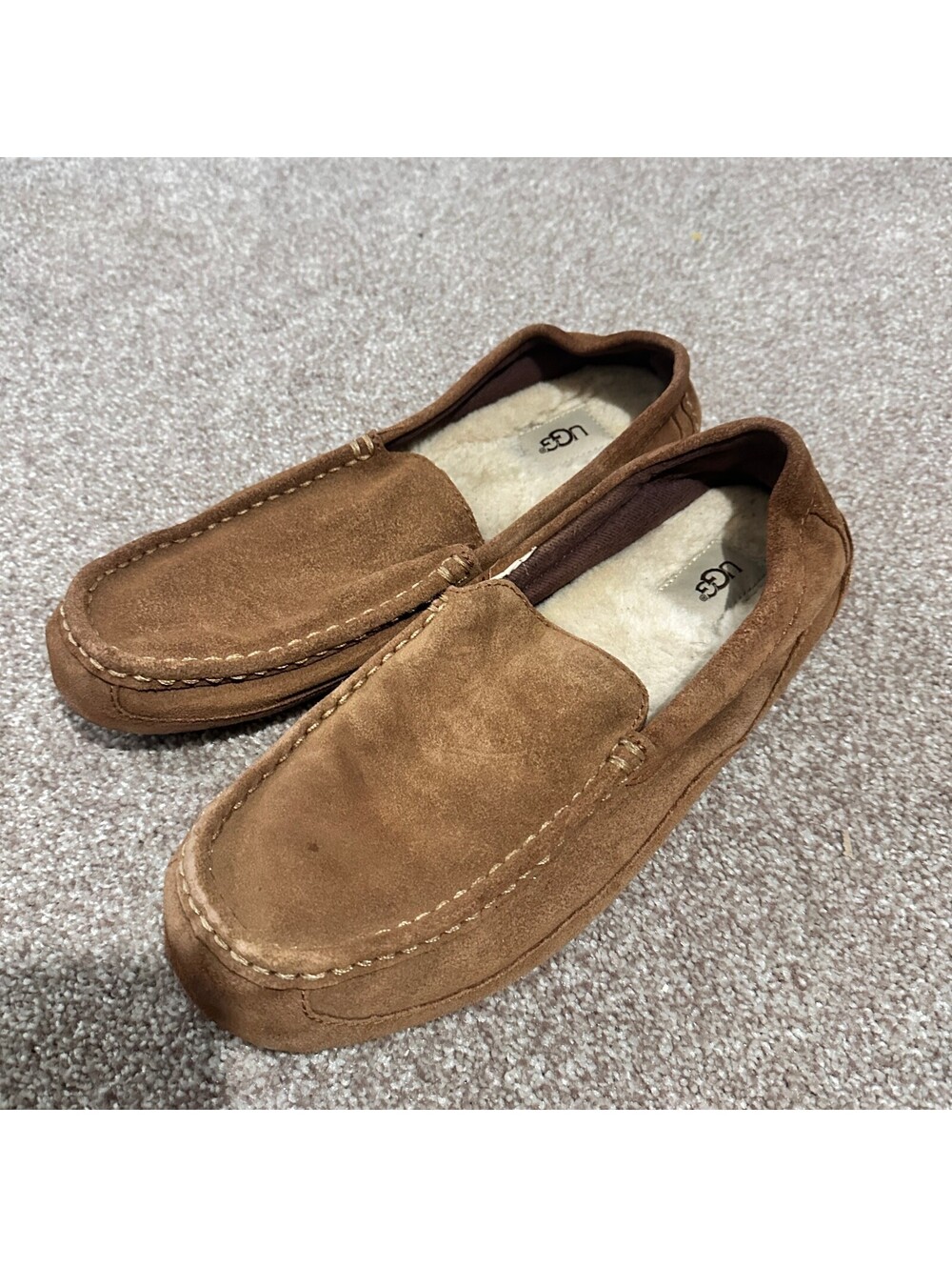 UGG Men's Brown Suede Moccasin Slippers with Shearling Lining 9